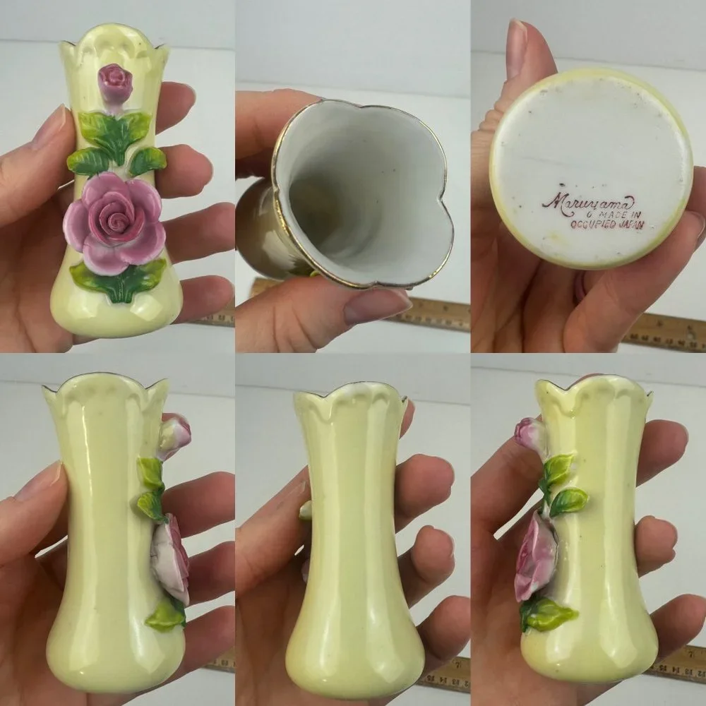 Vtg 40s/50s Maruyama Miniature Small‎ Vases Pink Rose Floral Japan Damaged READ